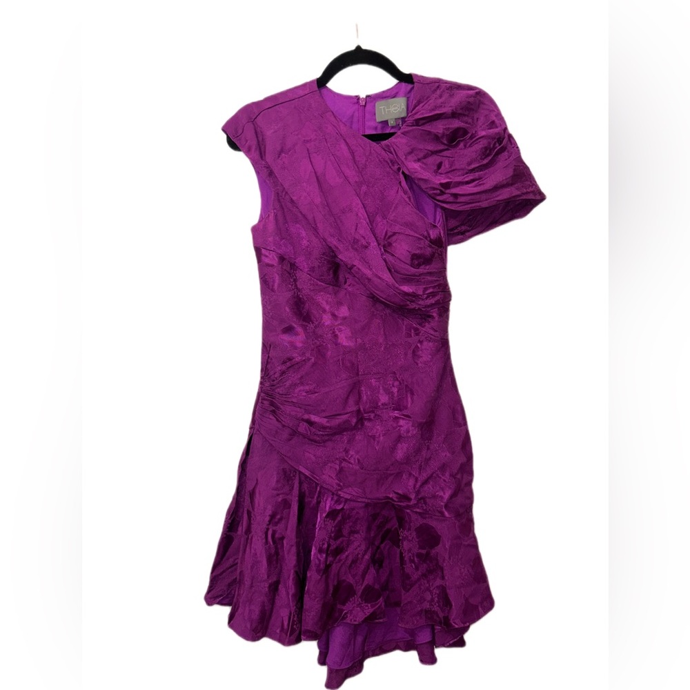 Theia‎ Magenta Purple One Shoulder Ruffle Jacquard Cocktail Dress Size 4